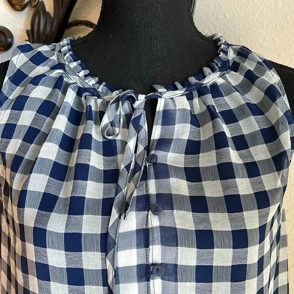 Liz Claiborne NWT Henley Ruffle Tank Navy Blue Gingham XS - Picture 4 of 16